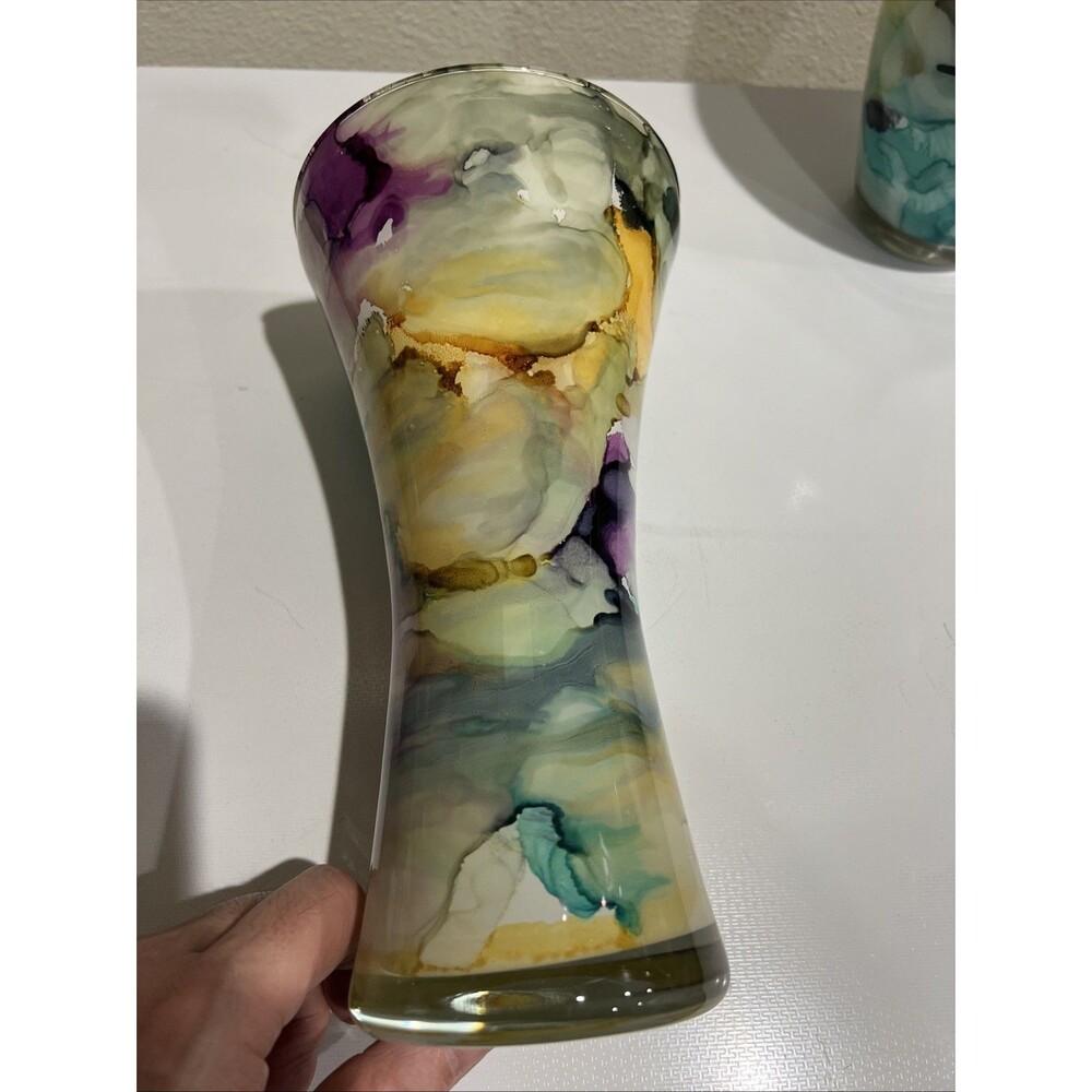 Swirl Vase Reverse Painted Watercolor Art Glass Italy Lot Of 2 Blue Purple Etc - Picture 4 of 13